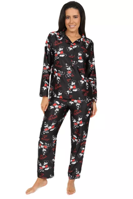 Women's Disney Mickey And Minnie Mouse Long Black Satin Silk Pyjama Set