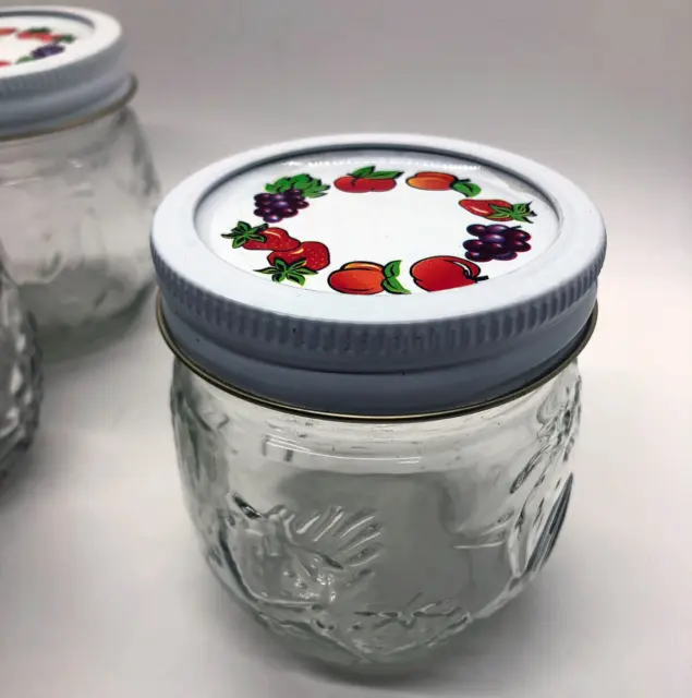 Jam & Jelly Jars With Caps Lids  8 Oz. Canning Vintage Kerr Decorated (4 count)