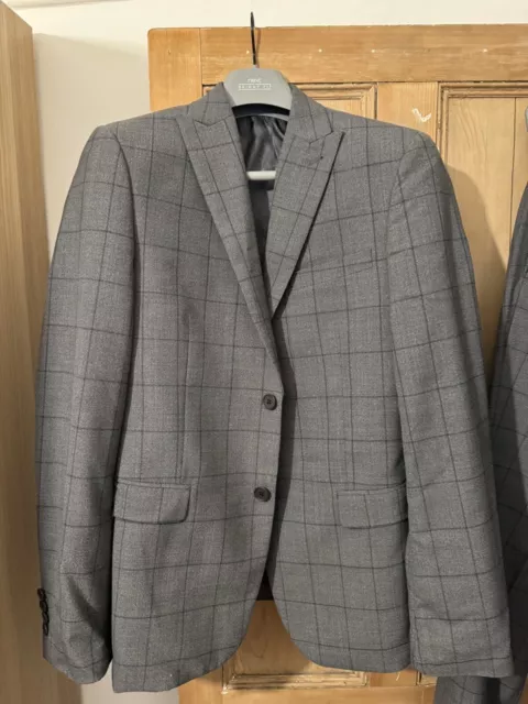 Men’s Next Tailoring Grey Check Suit 38R Jacket 32 W 31 L Trousers Skinny Fit