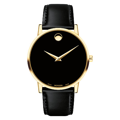 New Movado Museum Gold-Tone Black Dial Leather Strap Mens  Watch 0607271