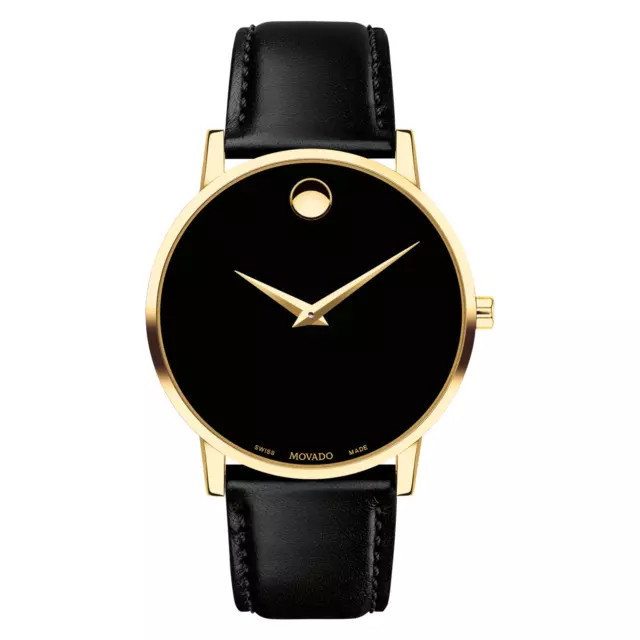 New Movado Museum Gold-Tone Black Dial Leather Strap Mens  Watch 0607271