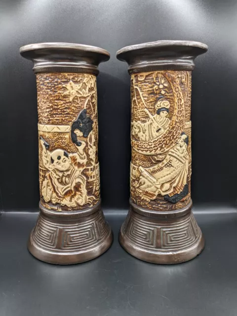 Bretby # 1839 E Oriental Choiserie Column Vase Pair - C.1920's - 24.5cm