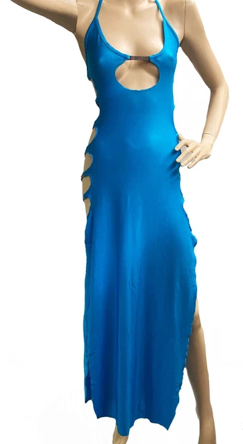 Long Dress Blue Side Split Cut Out Back Diamante Halter Neck Dancewear Clubwear