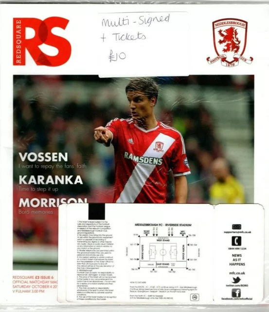 Multi Signed Programme Middlesbrough V Fulham Plus Ticket