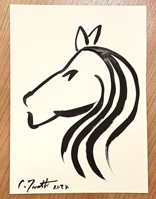 CHRIS ZANETTI Original Ink Sketch Drawing HORSE Equestrian Art 8"x6" Signed COA