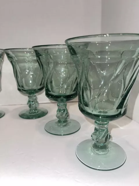 SIX Vintage Fostoria Jamestown Green Swirl 6 ” Water Goblets Glasses 2