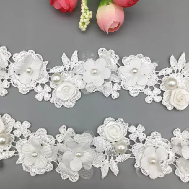 1 yard White Pearl Embroidered Lace Trim Ribbon Applique DIY Sewing Supplies 3