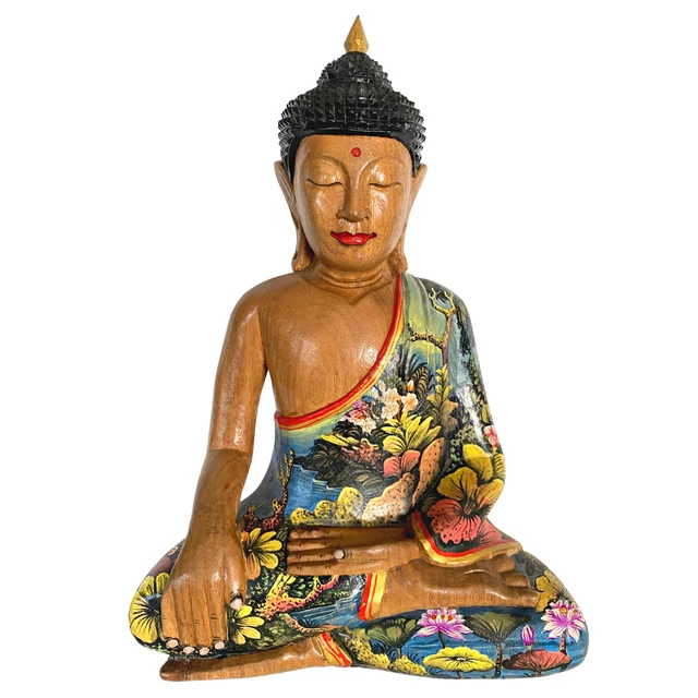 Meditating Buddha Sculpture Bhumisparsha Painted Carved Wood Statue Bali art