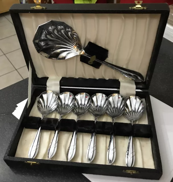 Vintag Boxed Deco Stainless Chrome Plate Sheffield Fluted Bowls Fruit Spoons Set