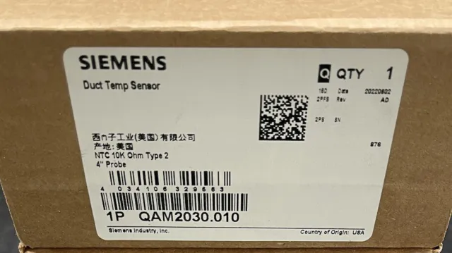Siemans  QAM2030.010  duct temp sensor NTC 10K ohm Type 2  4” probe