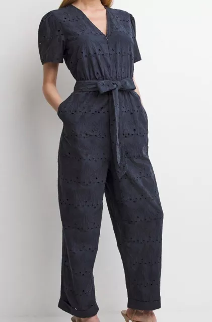 New Whistles Zoe Broderie Navy Blue Eyelet Belted Zip Front Jumpsuit size 4