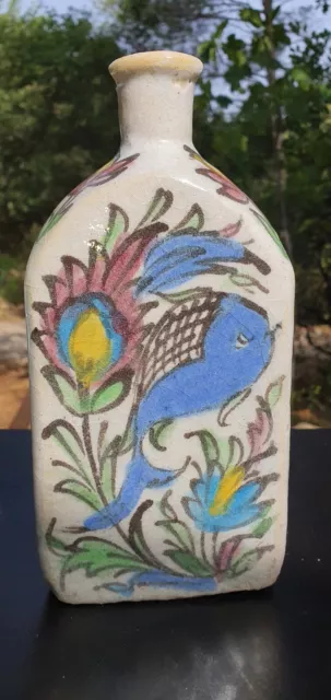 Ancien Ceramique Qajar Iznik Kadjar Gres Emaille Decor Floral 3 Faces Perse H21