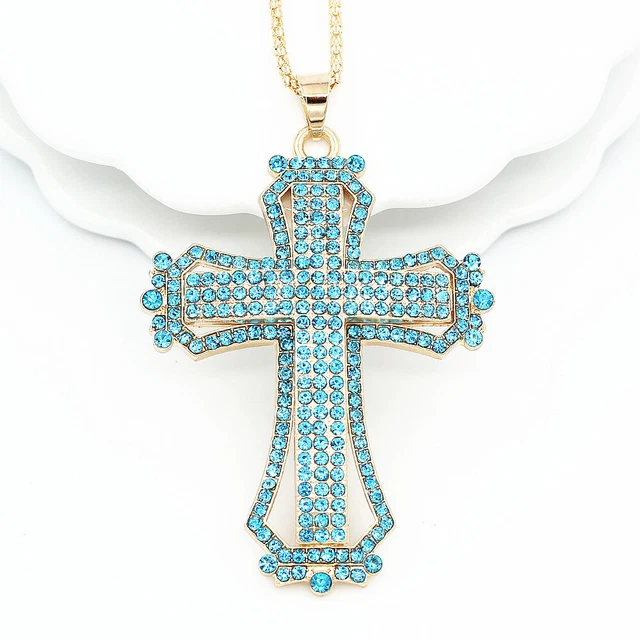 Betsey Johnson Jewelry Crystal Rhinestone Cross Pendant Sweater Chain Necklace