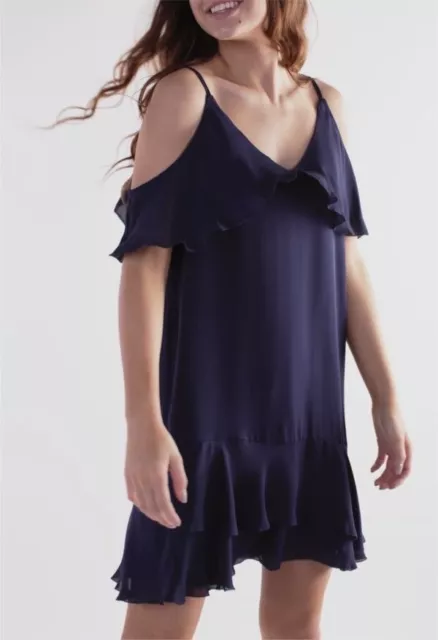 Parker Thatcher Cold Shoulder Ruffled Silk Dress Size XS $288 Aquarius Navy Blue