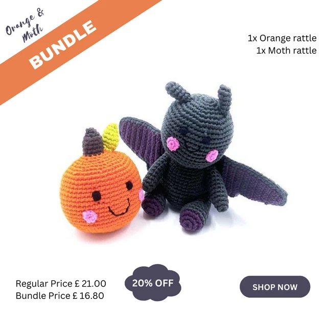 Pacchetto giocattolo morbido lavorato a mano arancione e falena | regalo bambino | Fairtrade |