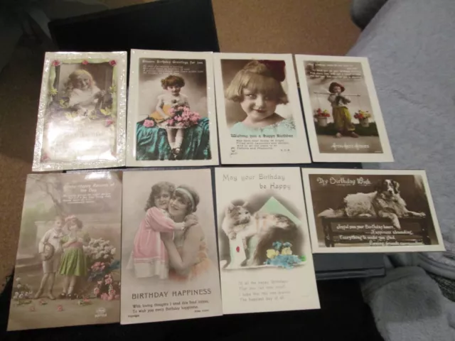 9x Greetings Postcards - with children & animals Vintage C1920s Birthday etc RP