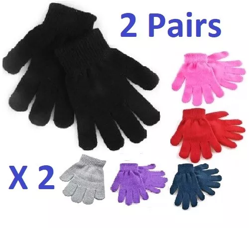 2 Pairs Black+Colours Magic Gloves Kids Boys Girls Children Winter Warm Stretch