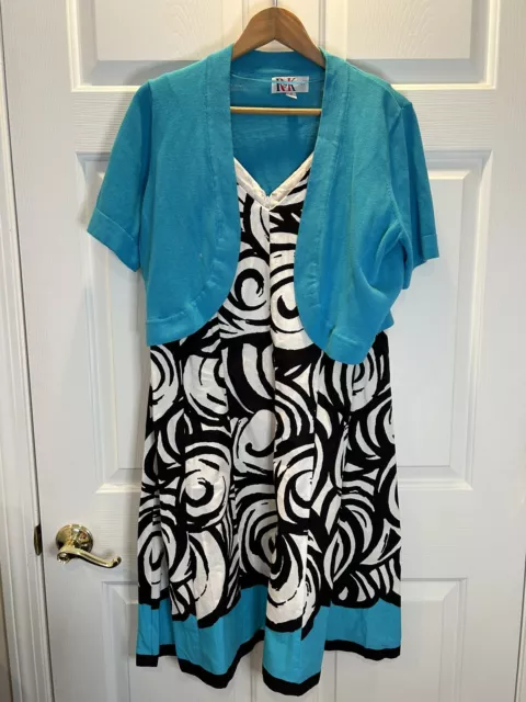 R&K Originals Women's Dress Black White Blue Size 14 A-Line with Shrug