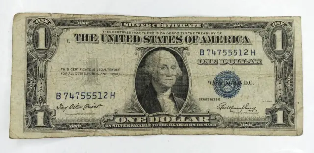 One Dollar Silver Certificate with Blue Seal Series 1935E in Protective Sleeve