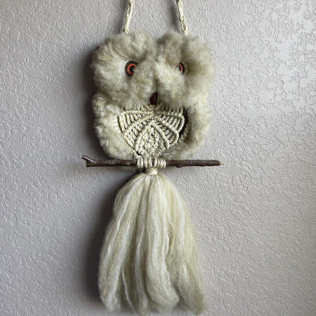 Vintage Owl Macrame wall hanging Ceramic Eyes Boho Mid Century