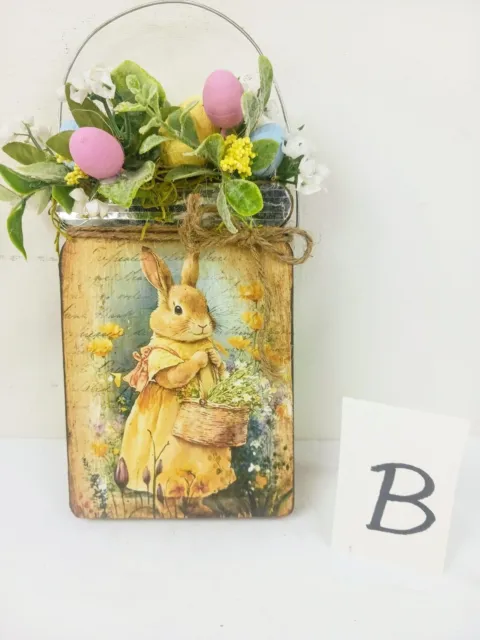 Easter Plaque Hand Painted Primitive Folk Art Bunny Rabbit  Egg  B RJPE