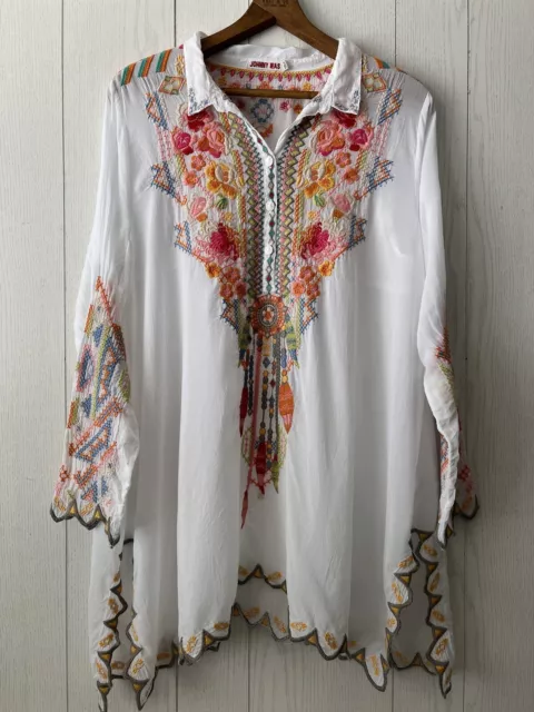JOHNNY WAS Feather Top Blouse Tunic Embroidered $330 Euc  Medium Floral Beach