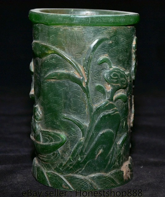 5" Old Chinese Green Jade Carved Dynasty Fisherman Boatman Lotus Brush pot 3