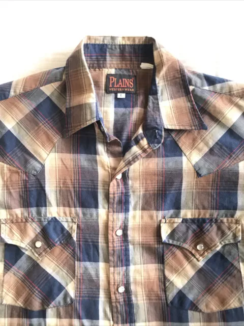 PLAINS mens checkered plaid short sleeve shirt with pockets PEARL SNAP Sz LARGE