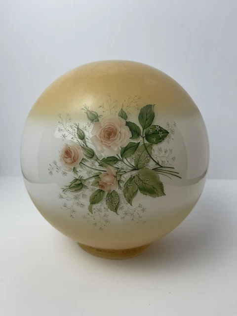 Vtg GWTW 8" Round Hurricane Oil Glass Lamp Shade Globe Amber Yellow Pink Roses 4