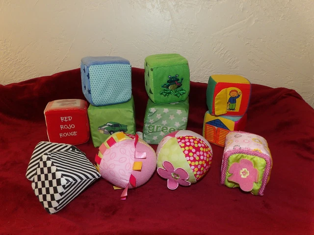 Lot 11 Plush Baby BLOCKS Balls Developmental Sounds Colors Textures (*80)