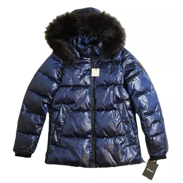 DKNY High-Shine Faux-Fur Trim Hooded Puffer Coat Womens Small Navy Blue