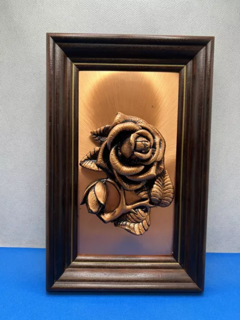 VINTAGE COPPER EMBOSSED Flower Rose 3D Framed Art MCM Wall Hanging Deco ...