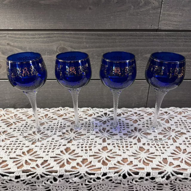 Vintage Cobalt Blue Wine Glasses Gold Accents Set Of 4