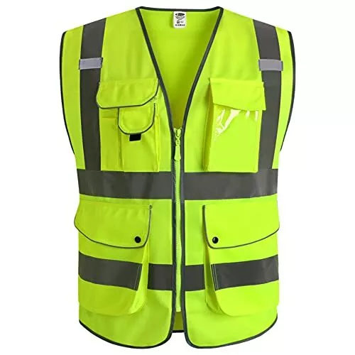 JKSafety 9 Pockets Class 2 High Visibility Zipper Front Safety Vest