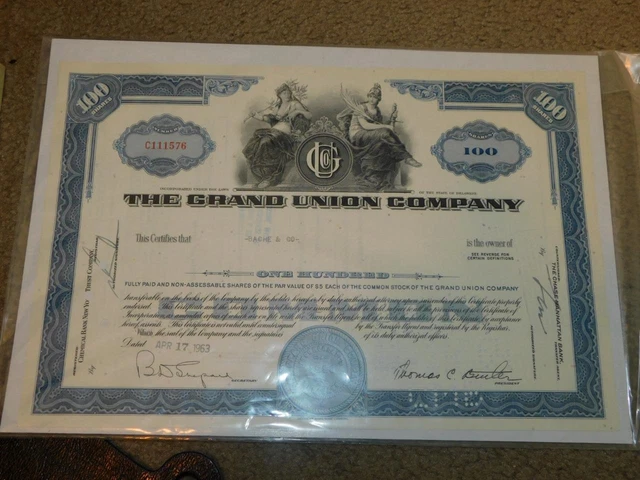 The Grand Union Co. 1963, Stock Certificate