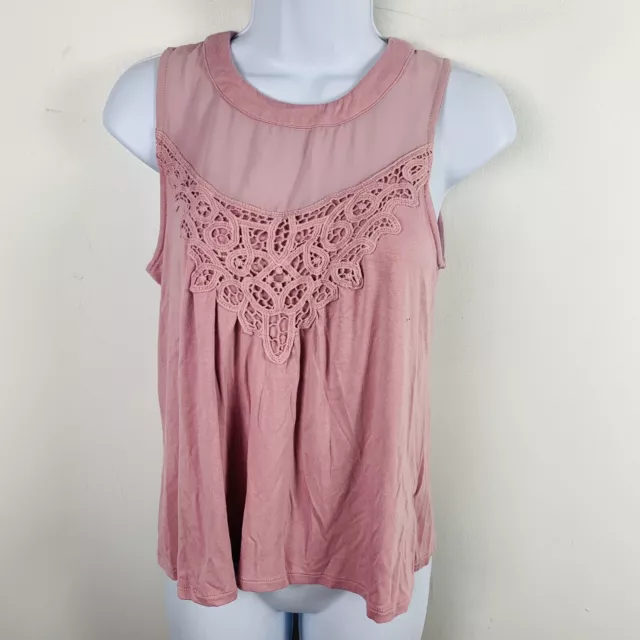 Xhilaration Womens Top Sz XS Pink Lace Crochet Trim Sleeveless Tank Blouse BB38 2