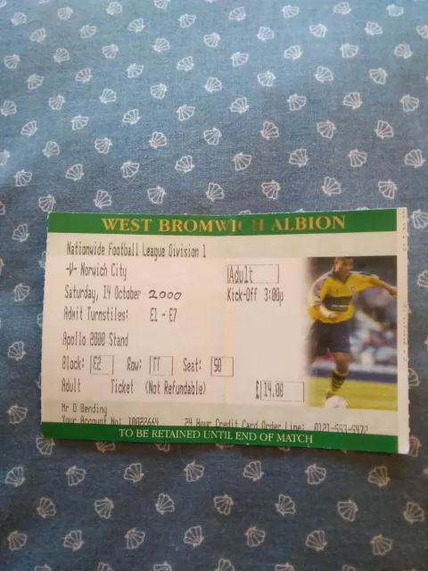 2000 West Bromwich Albion V Norwich City Match Ticket Freepost