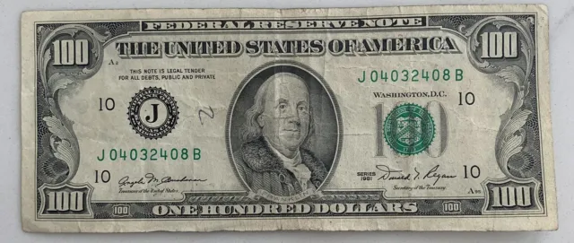 $100 ONE HUNDRED DOLLAR BILL - Old / Vintage 1981 - J District - Only 23.6 mil