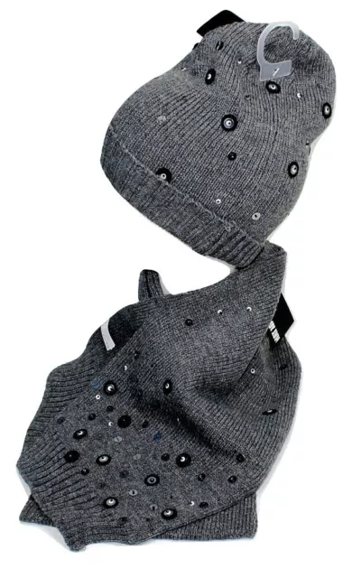 Set donna sciarpa + cappello con applicazioni colore grigio misura unica 1373