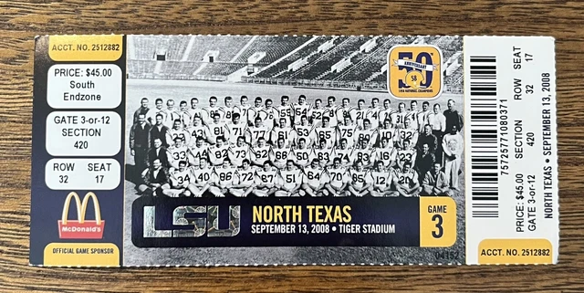 LSU v North Texas Football Ticket Stub 9/13/2008 Tiger Stadium SEC