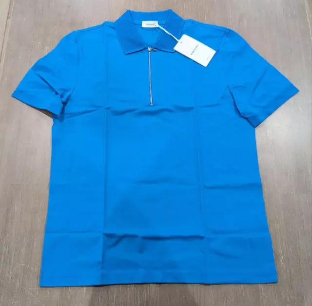 $690 Mens Salvatore Ferragamo Cotton Pique Zip Polo Shirt Cerulean Blue XL