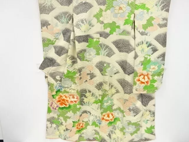 83023# Japanese Kimono / Antique Furisode / Embroidery / Peony