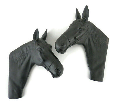 1940s Pair of Horse Head Wall Hangings Thoroughbred Equestrian Large Cast Iron