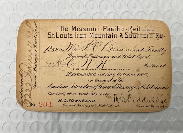 Antique 1897 MISSOURI PACIFIC - ST. LOUIS-IRON MOUNTAIN & SOUTHERN railroad pass