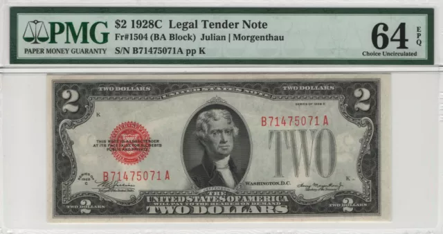 1928 C $2 Legal Tender Red Seal Fr.1504 Ba Block Pmg Certified Choice Unc 64 Epq