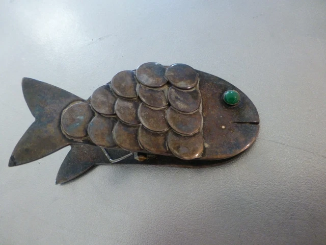 Antique art deco French silver & jade fish-form paper/mail clip