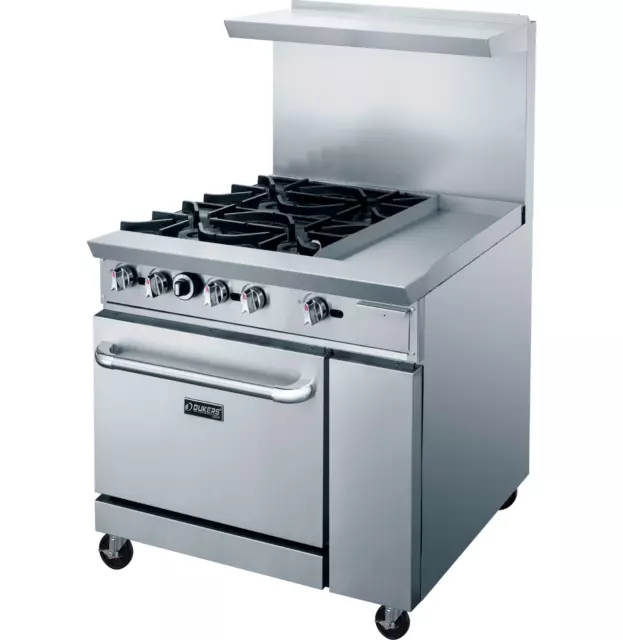 NEW 36" Range 12" Griddle 4 Burner Combo Std Oven NG On Wheels Dukers #1336