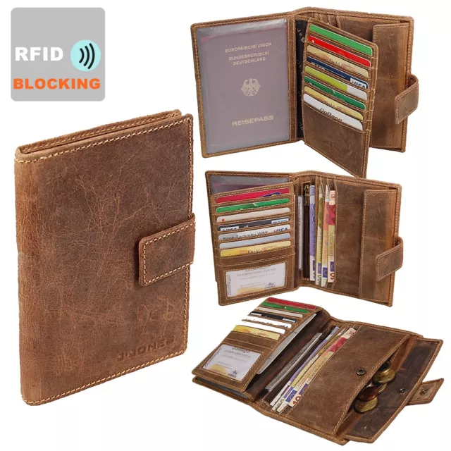 Herren Leder Brieftasche RFID große Geldbörse Reisepass Geldbeutel Kartenfächer