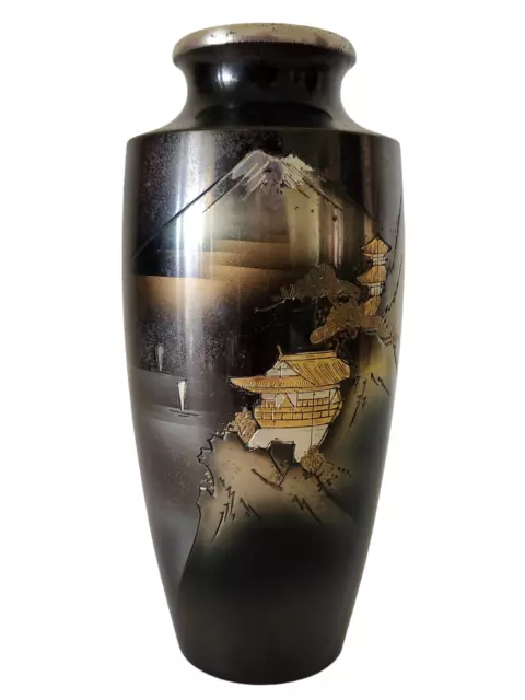 Vintage Japanese Metal VASE Engraved Pagoda Mount Fuji Signed Light Tarnish 7"