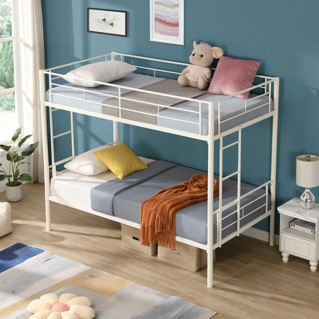 Twin Over Twin Metal Bunk Bed with Safety Guardrails,Convertible Bunkbeds,White